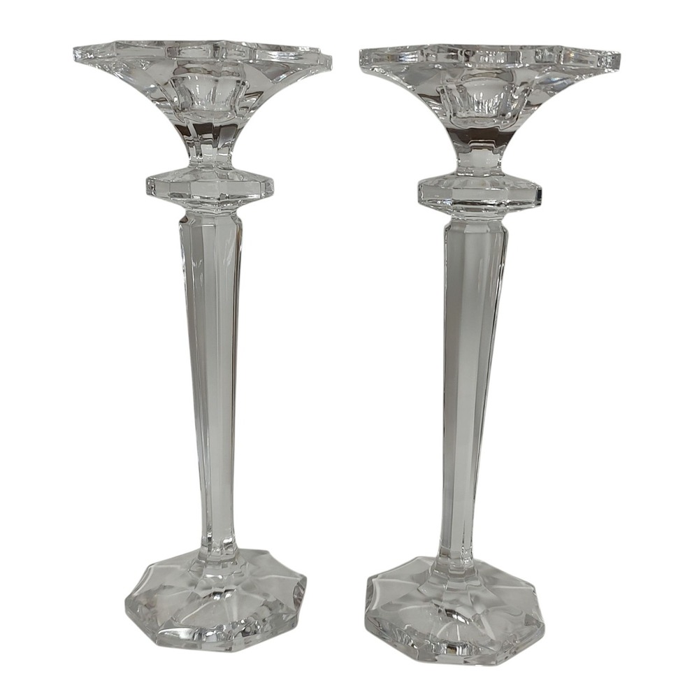 Colle Cut Lead Crystal Candlestick Holders Clear Italy 9.25In Vintage Set of Two